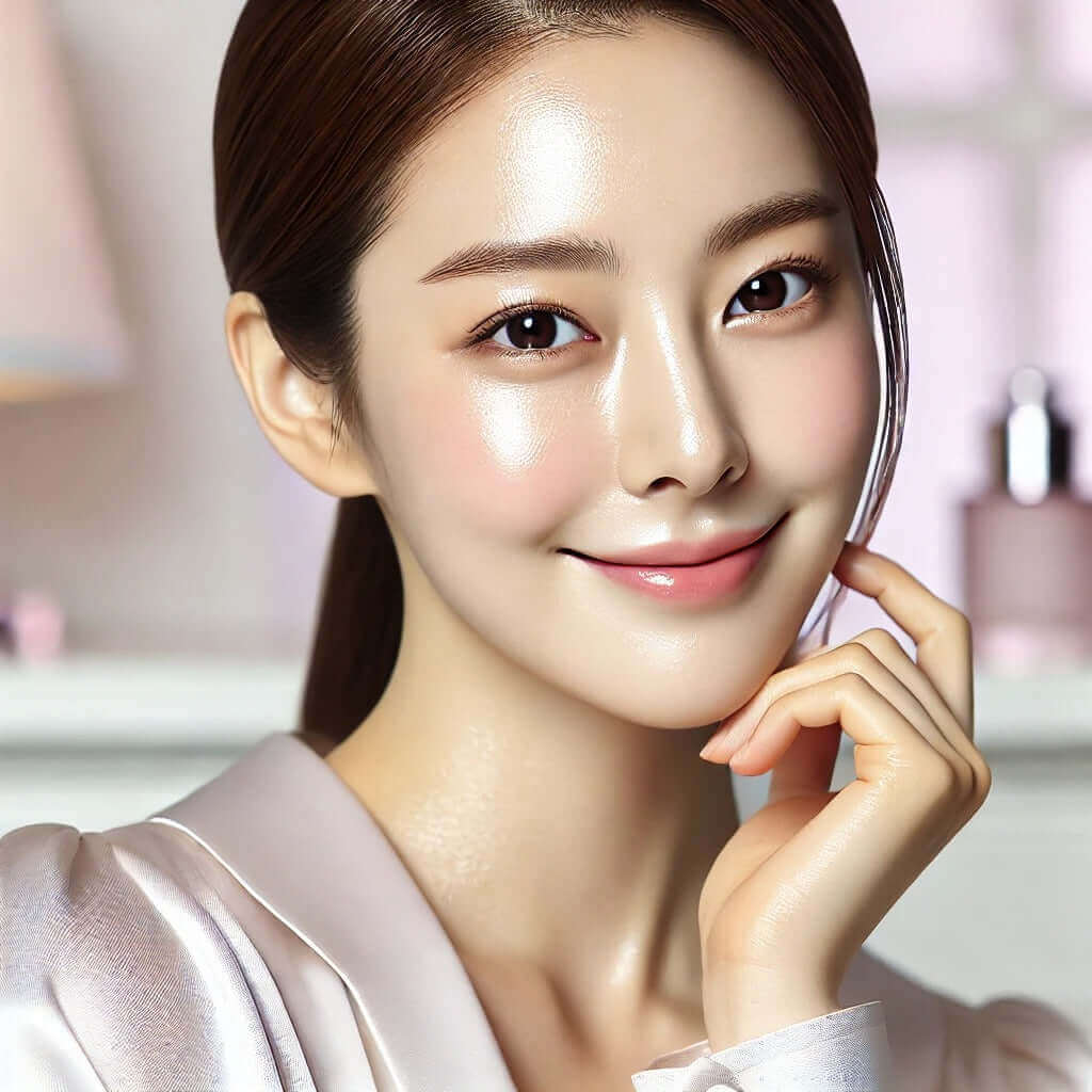 Smiling woman with dewy glass skin, showcasing a flawless complexion and radiant beauty in a softly lit setting.