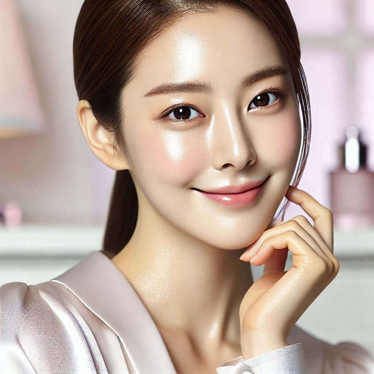 Smiling woman with dewy glass skin, showcasing a flawless complexion and radiant beauty in a softly lit setting.