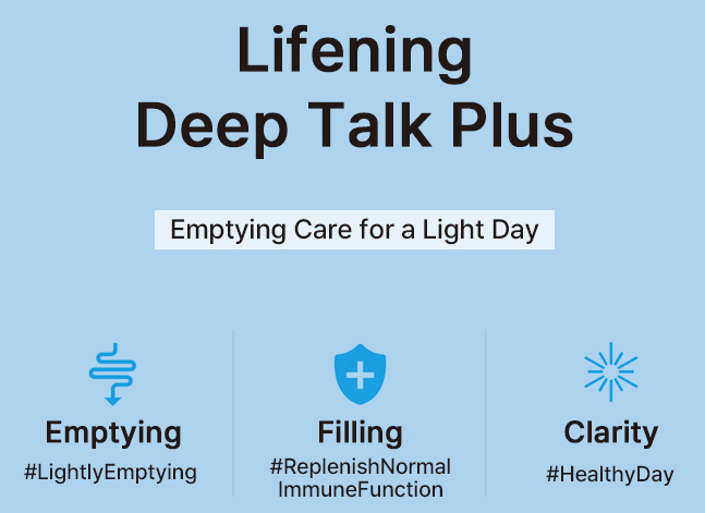 Lifening Deep Talk Plus image showcasing emptying, filling, and clarity for gut health benefits.
