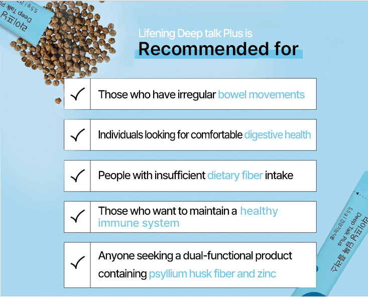 Recommended use of Deep Talk Plus for digestive health, bowel regularity, fiber intake, and immune support.