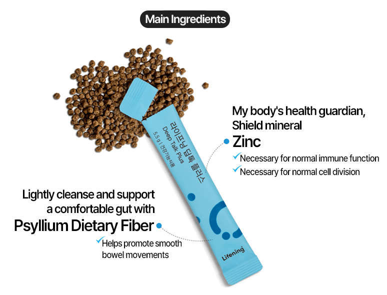 Deep Talk Plus sachet with ingredients like Zinc and Psyllium Dietary Fiber for gut health and immune support.