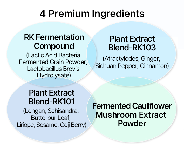 Infographic displaying 4 premium ingredients: fermented compound, two plant extracts, and cauliflower mushroom extract.