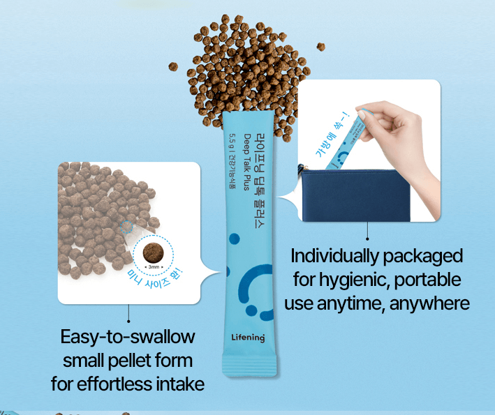 Easy-to-swallow small pellets and individually packaged sachets for on-the-go gut health support.
