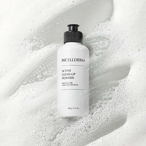 Incellderm Active Clean-Up Powder for deep cleansing, promoting clear skin with bubbles and foam effect.
