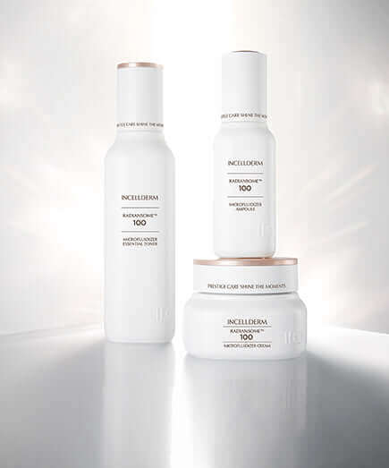 Riman Radiansome Premium Set featuring toner, ampoule, and cream for moisturizing and brightening skin.