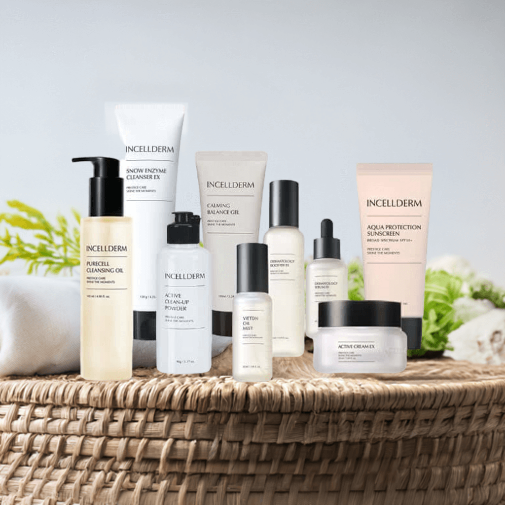 Riman Incellderm Expert Ritual Set displayed on a woven basket, featuring cleansing and nourishing skincare products.