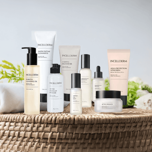 Riman Incellderm Expert Ritual Set displayed on a woven basket, featuring cleansing and nourishing skincare products.
