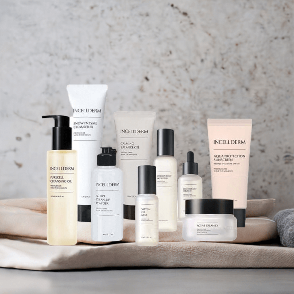 Riman Incellderm Expert Ritual Set showcasing nine skincare products for cleansing, hydrating, and nourishing skin.