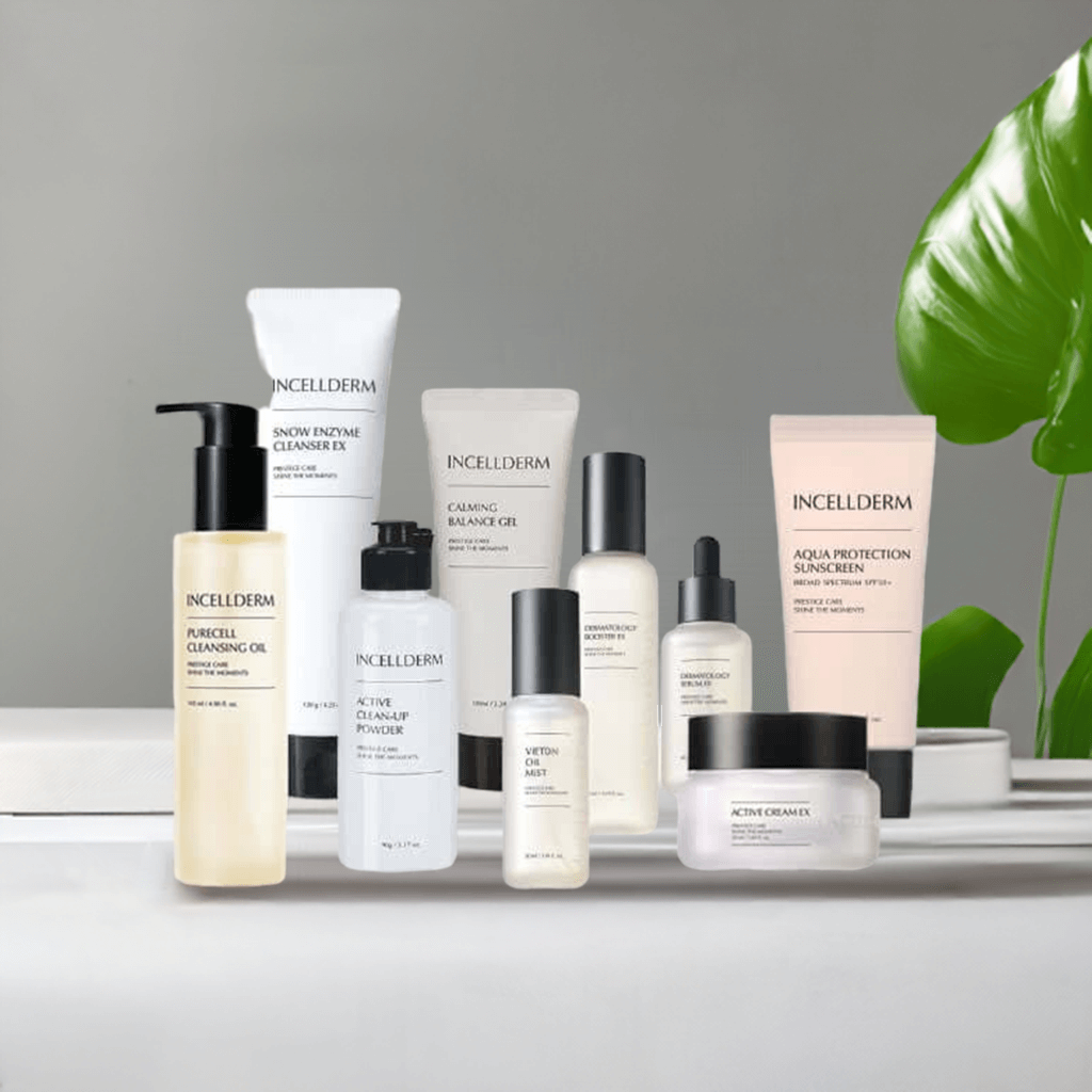 Riman Incellderm Expert Ritual Set featuring nine skincare products for cleansing, hydration, and nourishment.