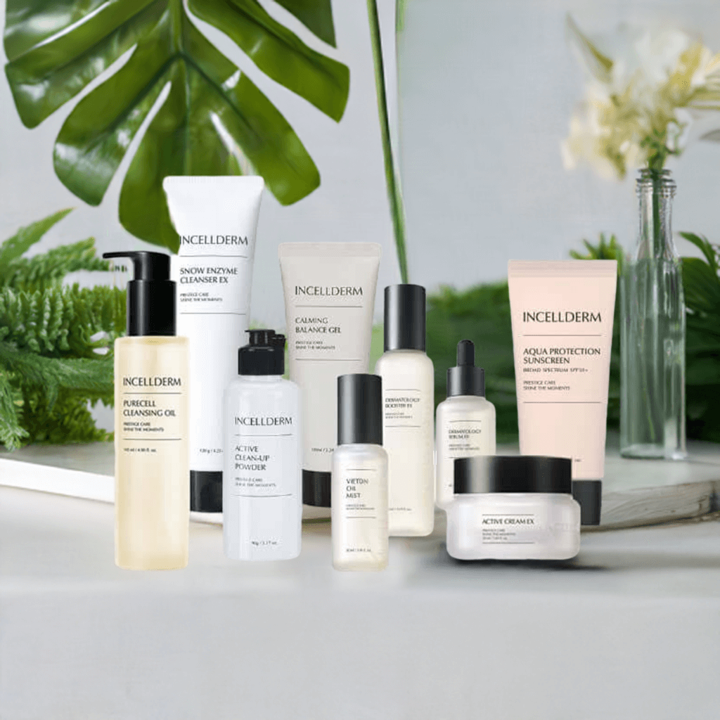 Riman Incellderm Expert Ritual Set including cleansing, hydration, and nourishment skincare products on a light background.