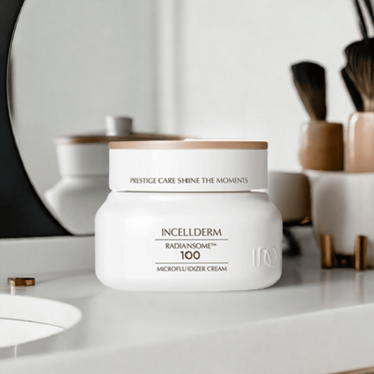 RADIANSOME 100 Microfluidizer Cream on a vanity, promoting skin elasticity and hydration.