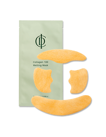 Riman ICD Collagen 100 Melting Sheet Mask with orange pads for skin nourishment and elasticity restoration.