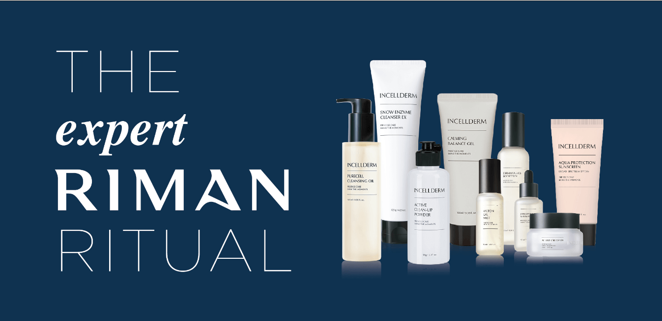 Riman Incellderm Expert Ritual Set featuring nine skincare products for cleansing, hydrating, and nourishing the skin.