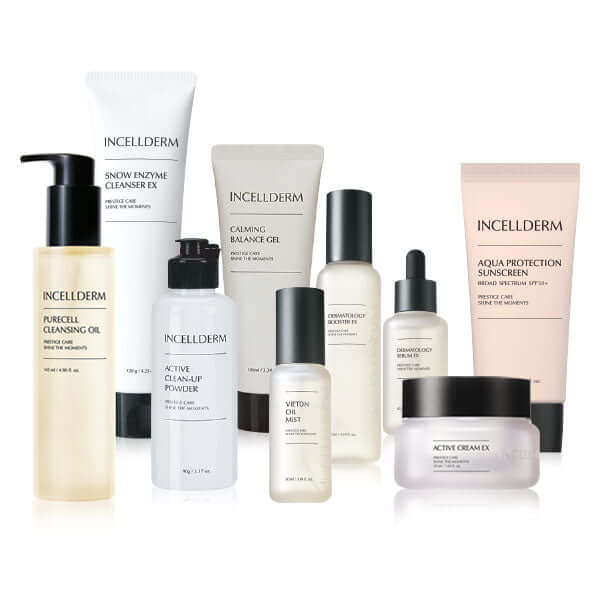 Riman Incellderm Expert Ritual Set featuring nine skincare products for cleansing, hydrating, and nourishing.