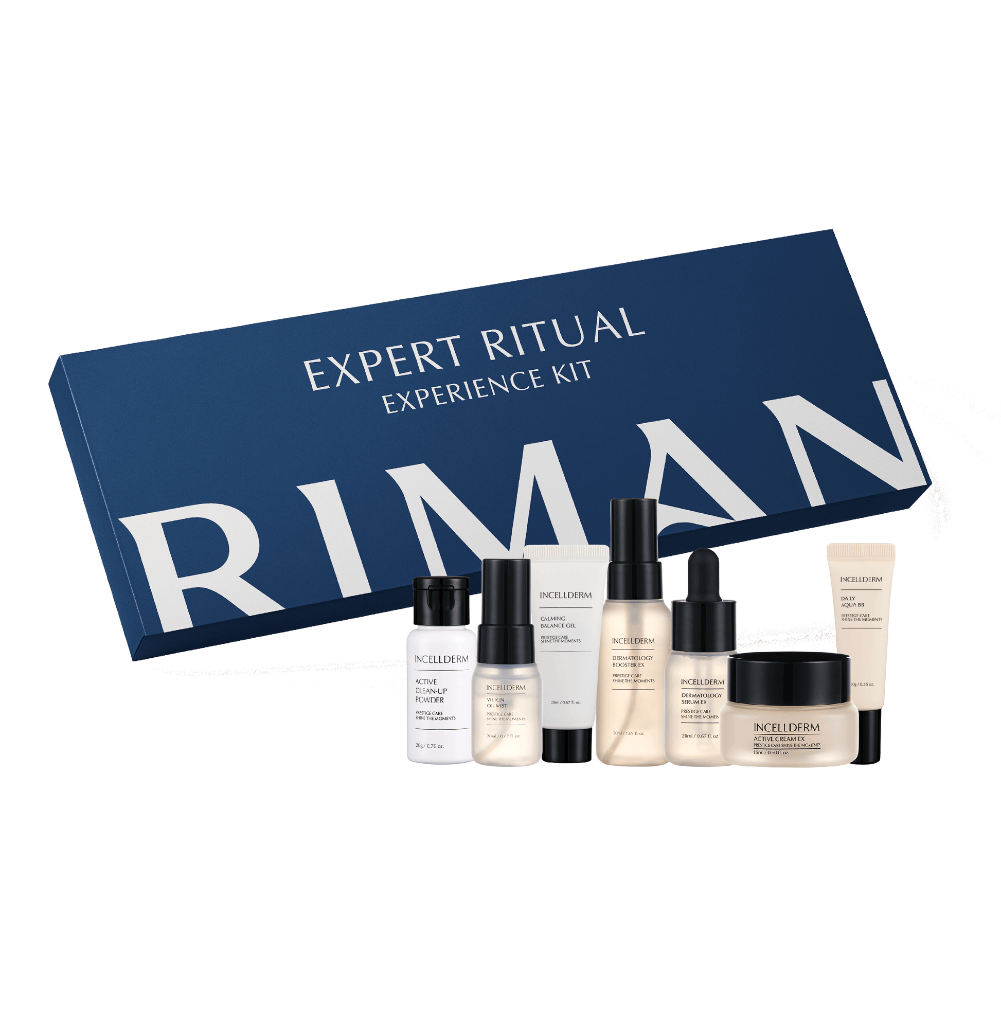 Riman Expert Ritual Experience Kit, a 7-piece set in an elegant box, featuring travel sizes of bestselling skincare products.