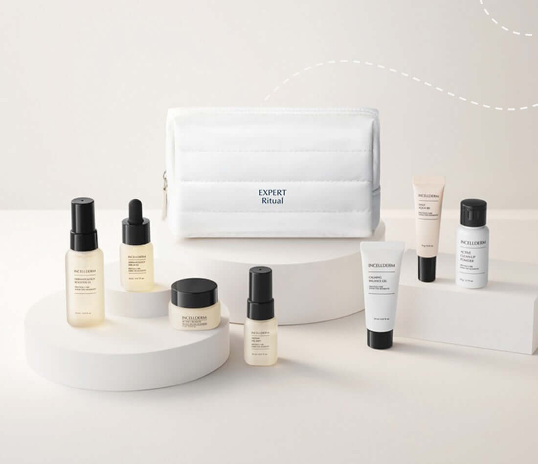 Incellderm Expert Ritual Travel Kit showcasing travel-sized skincare products in a stylish pouch, perfect for on-the-go routines.