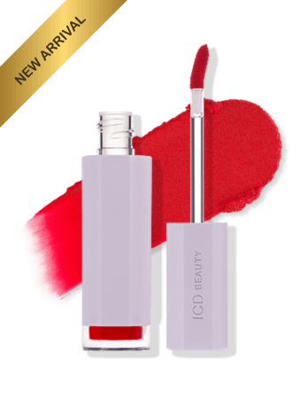 ICD Makeup Butter Lip Tint Velvet Matte in sleek packaging with bold red color swatch, marked as a new arrival.