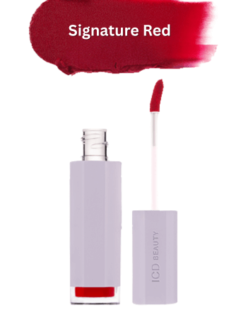 ICD Makeup Butter Lip Tint in Signature Red, showcasing a vibrant shade with applicator and sleek packaging.