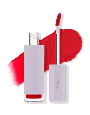 ICD Makeup Butter Lip Tint Velvet Matte with applicator and vibrant red swatch on background.