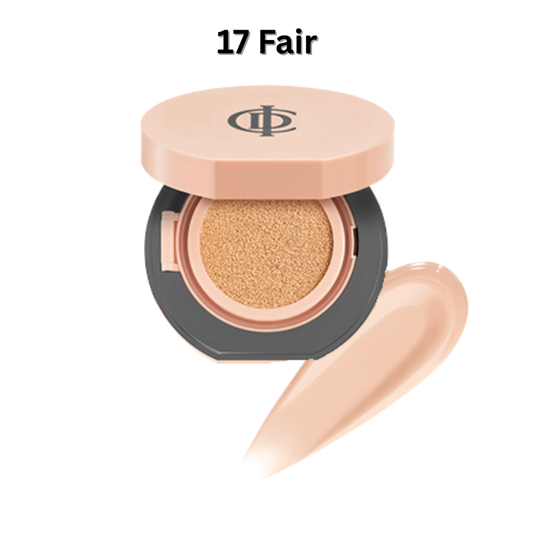 ICD Makeup Luminous Glow Cushion in shade 17 Fair with a swatch, showcasing buildable coverage and luminous finish.