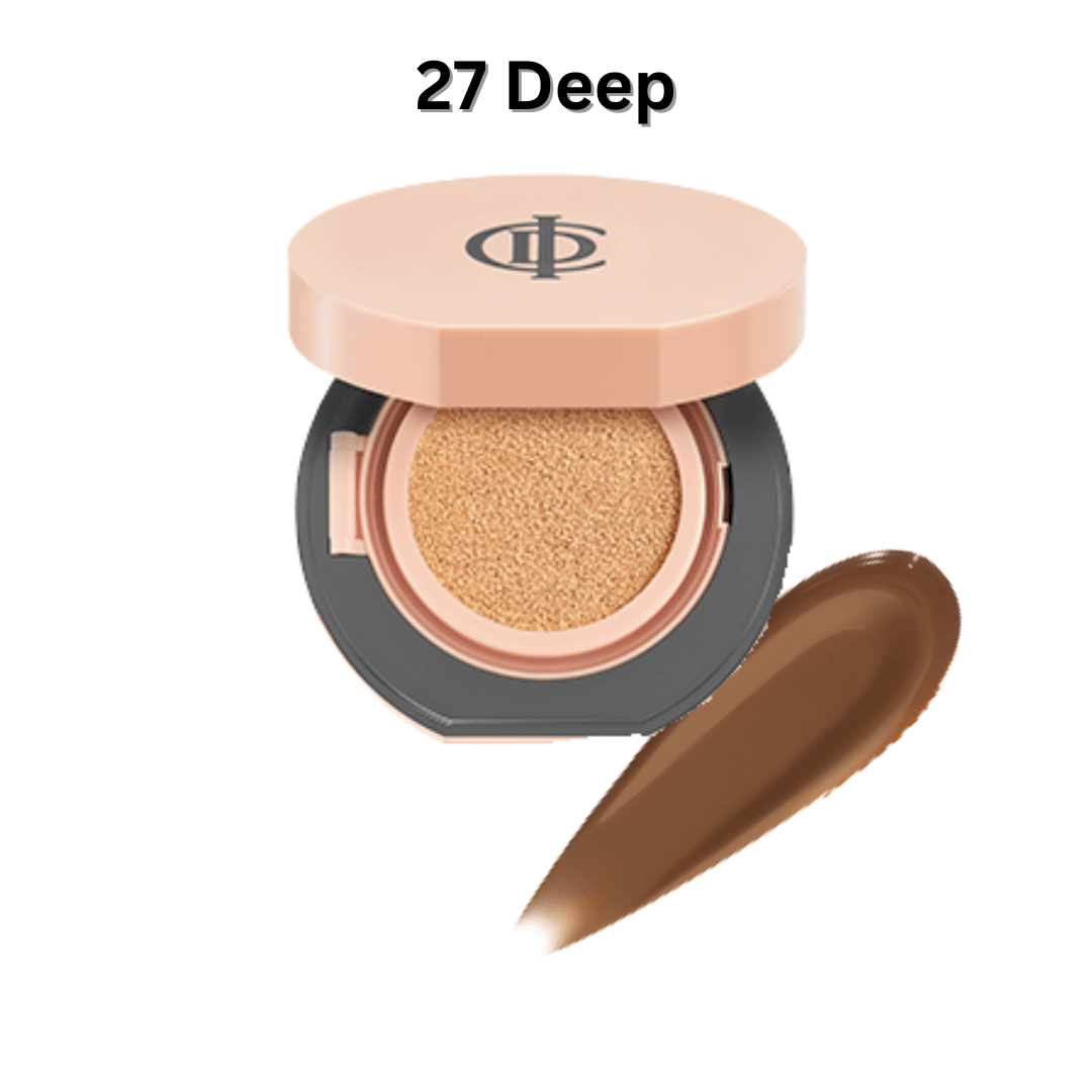 ICD Makeup Luminous Glow Cushion in 27 Deep shade with creamy texture swatch for radiant, dewy coverage.