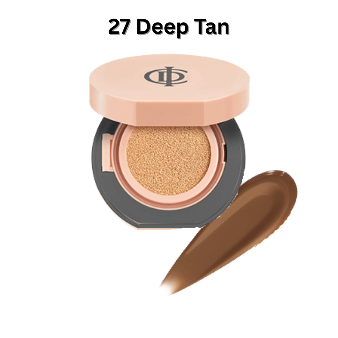 ICD Makeup Luminous Glow Cushion in 27 Deep Tan with a dewy finish for a radiant complexion.