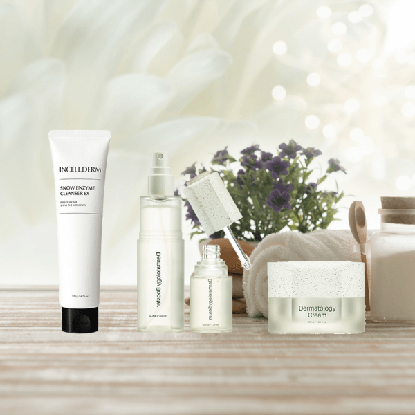 Riman ICD Mini Ritual Set featuring Snow Enzyme Cleanser, Dermatology First Package, and cream for radiant skin.