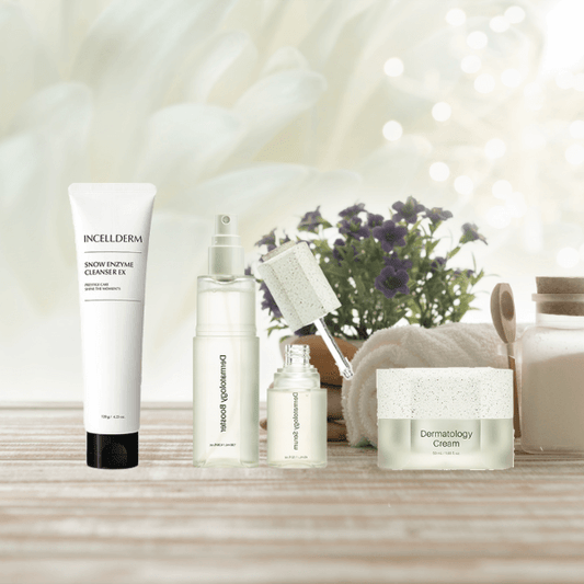Riman ICD Mini Ritual Set featuring Snow Enzyme Cleanser, Dermatology First Package, and cream for radiant skin.