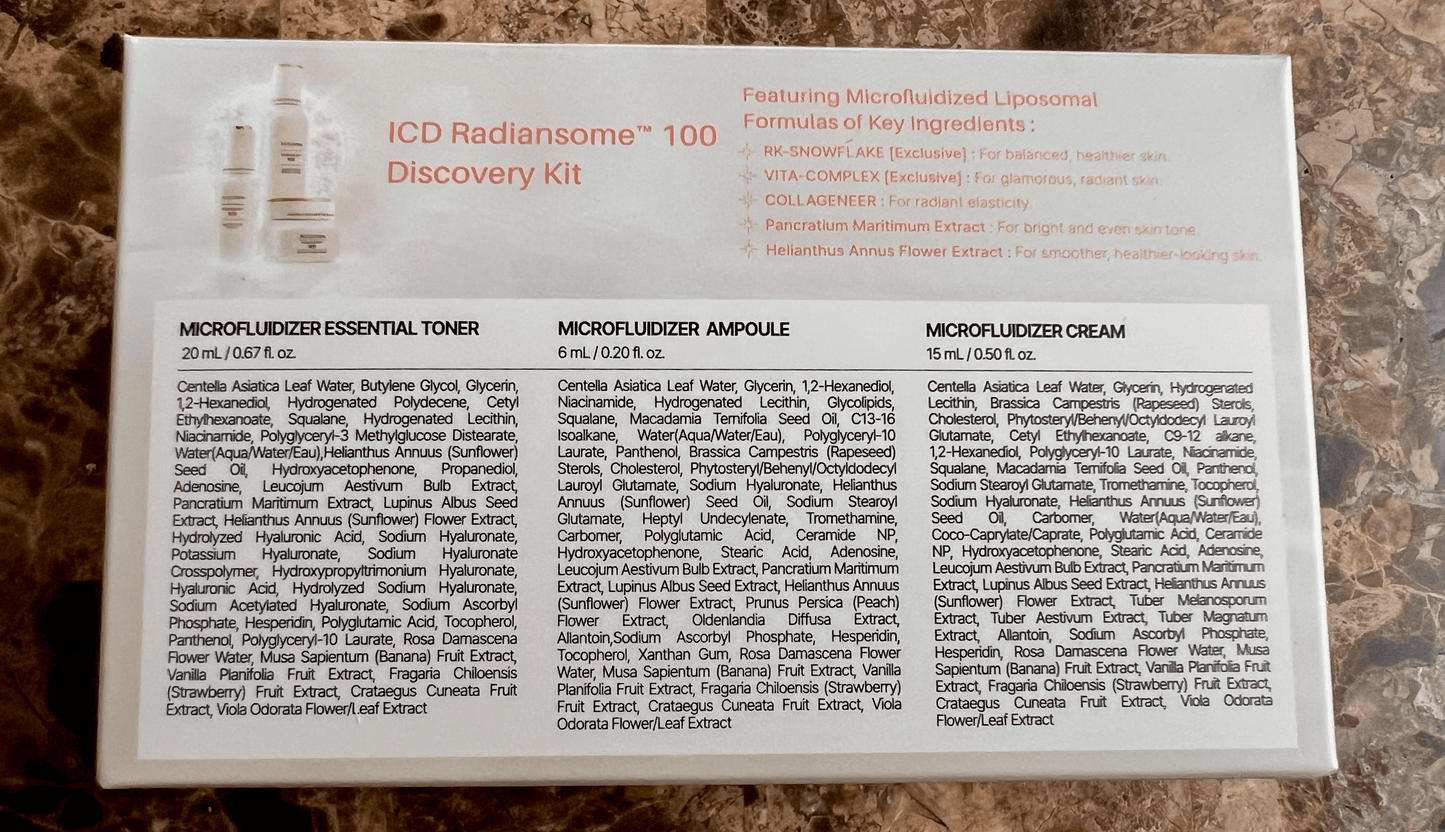 ICD Radiansome 100 Discovery Kit box with key ingredient details and product descriptions.