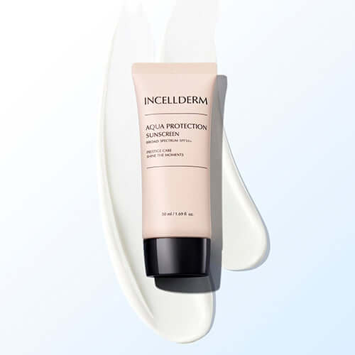 Riman Incellderm Aqua Protection Sunscreen 50ml with cream swatch, ideal for daily hydration and UV protection.