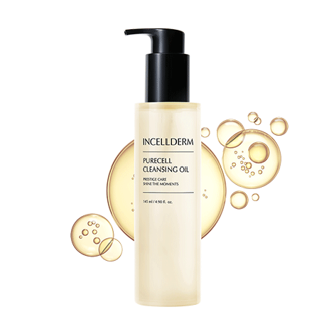 Riman Incellderm Purecell Cleansing Oil bottle with bubbles for nourishing cleansing routine.