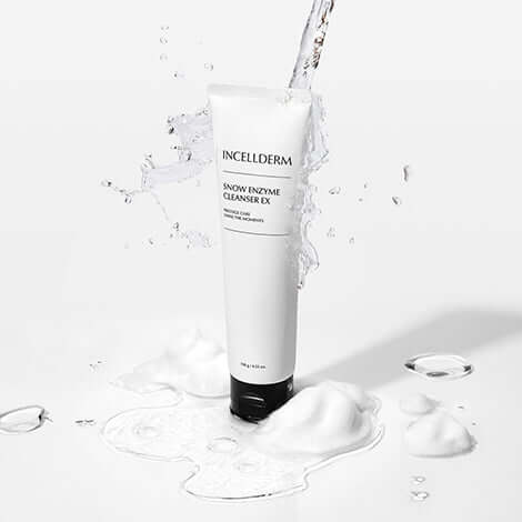 Incellderm Snow Enzyme Cleanser EX with foamy texture, designed for deep cleansing and skin nourishment.