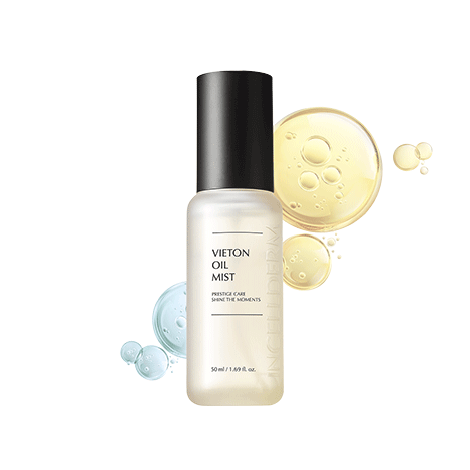 Vieton Oil Mist bottle with colorful oil droplets for hydration and skincare.