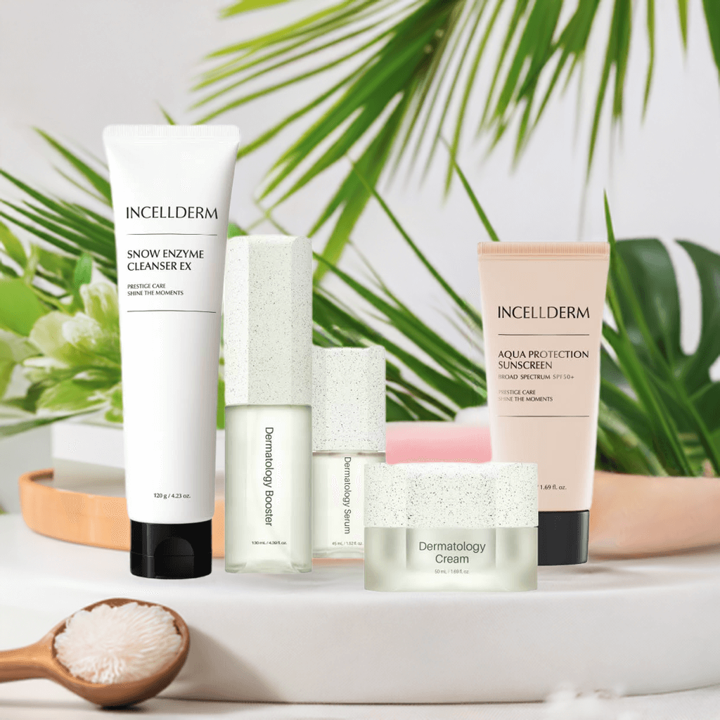 Incellderm skincare products including cleanser, moisturizer, and sunscreen on a tropical background.