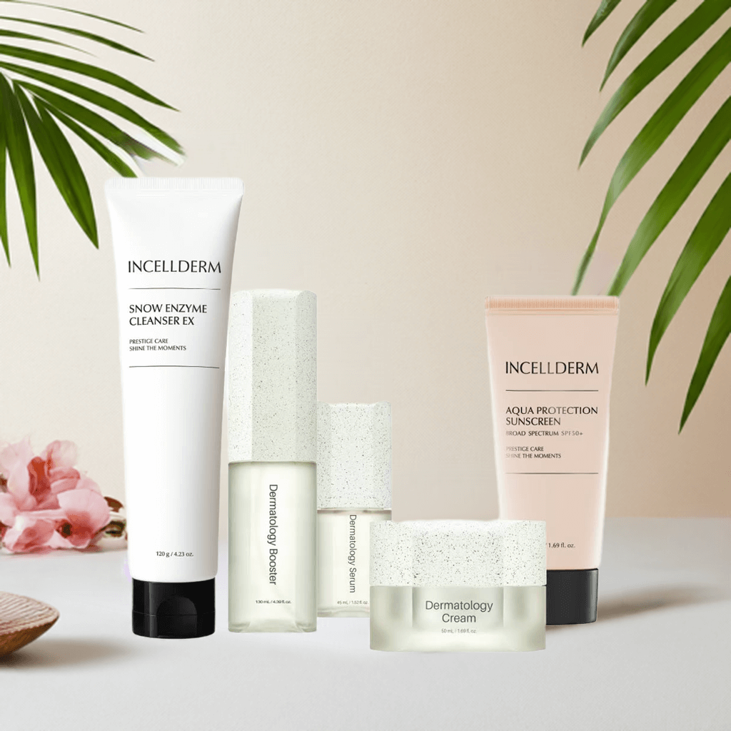Inceld Derm Snow Enzyme Cleanser, Aqua Protection Sunscreen, and Dermatology Cream with tropical backdrop.