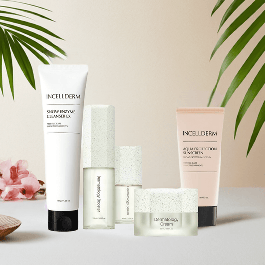 Inceld Derm Snow Enzyme Cleanser, Aqua Protection Sunscreen, and Dermatology Cream with tropical backdrop.