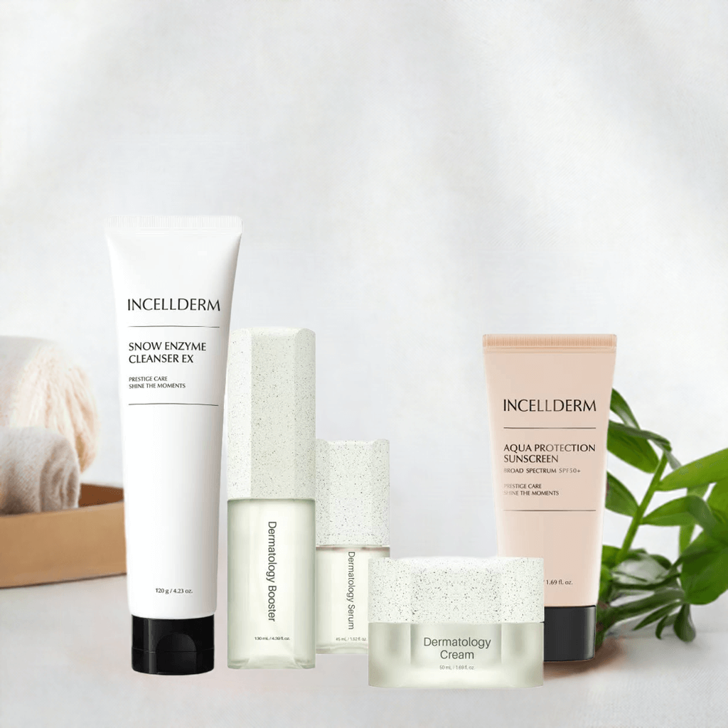 Incellderm skincare products featuring Snow Enzyme Cleanser, Dermatology Booster, and Aqua Protection Sunscreen.