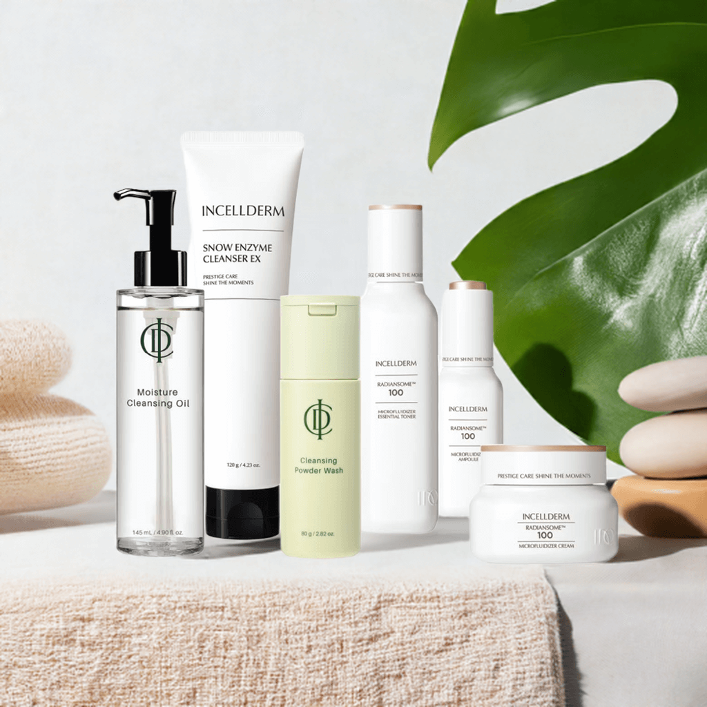 Incellderm skincare set featuring cleansing oil, enzyme cleanser, and powder wash on a soft background.