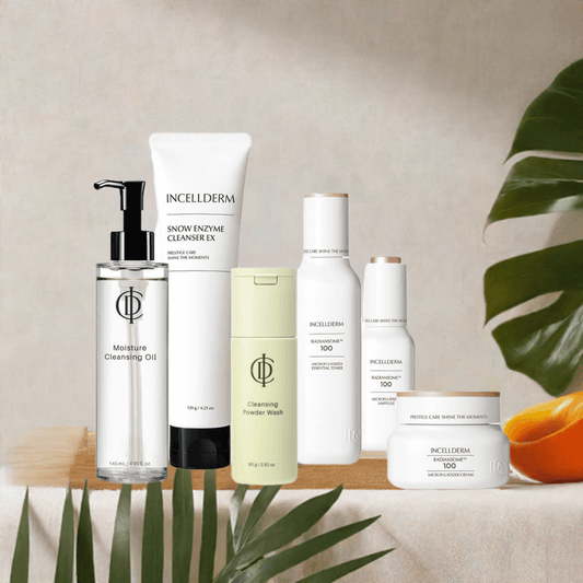 Riman ICD Radiansome 100 Advanced Ritual Set showcasing six skincare products on a natural background.
