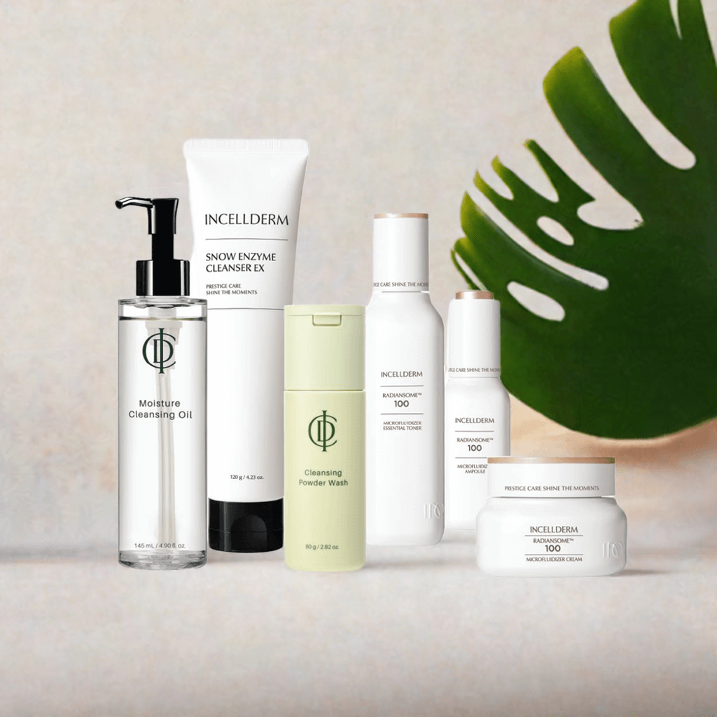 Riman ICD Radiansome 100 Advanced Ritual Set featuring six skincare products for cleansing and hydration.