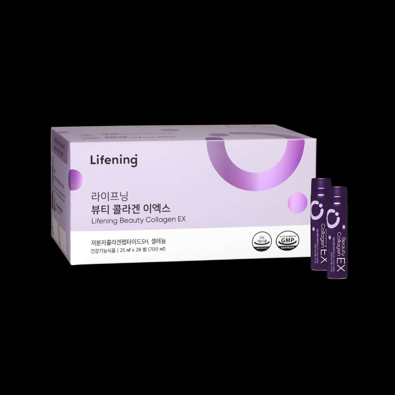 Lifenig Beauty Collagen EX packaging featuring collagen boost and antioxidant benefits, with marine-derived peptides.