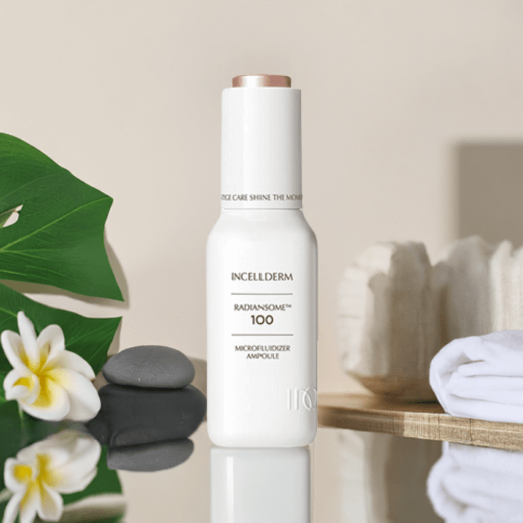 RADIANSOME 100 Microfluidizer Ampoule bottle on a spa-like background, showcasing hydration and anti-aging benefits.