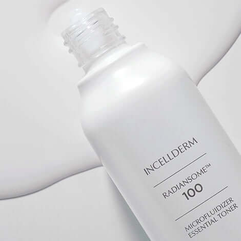 Inceldetm Radiansome 100 Microfluidizer Essential Toner bottle on a smooth white background.