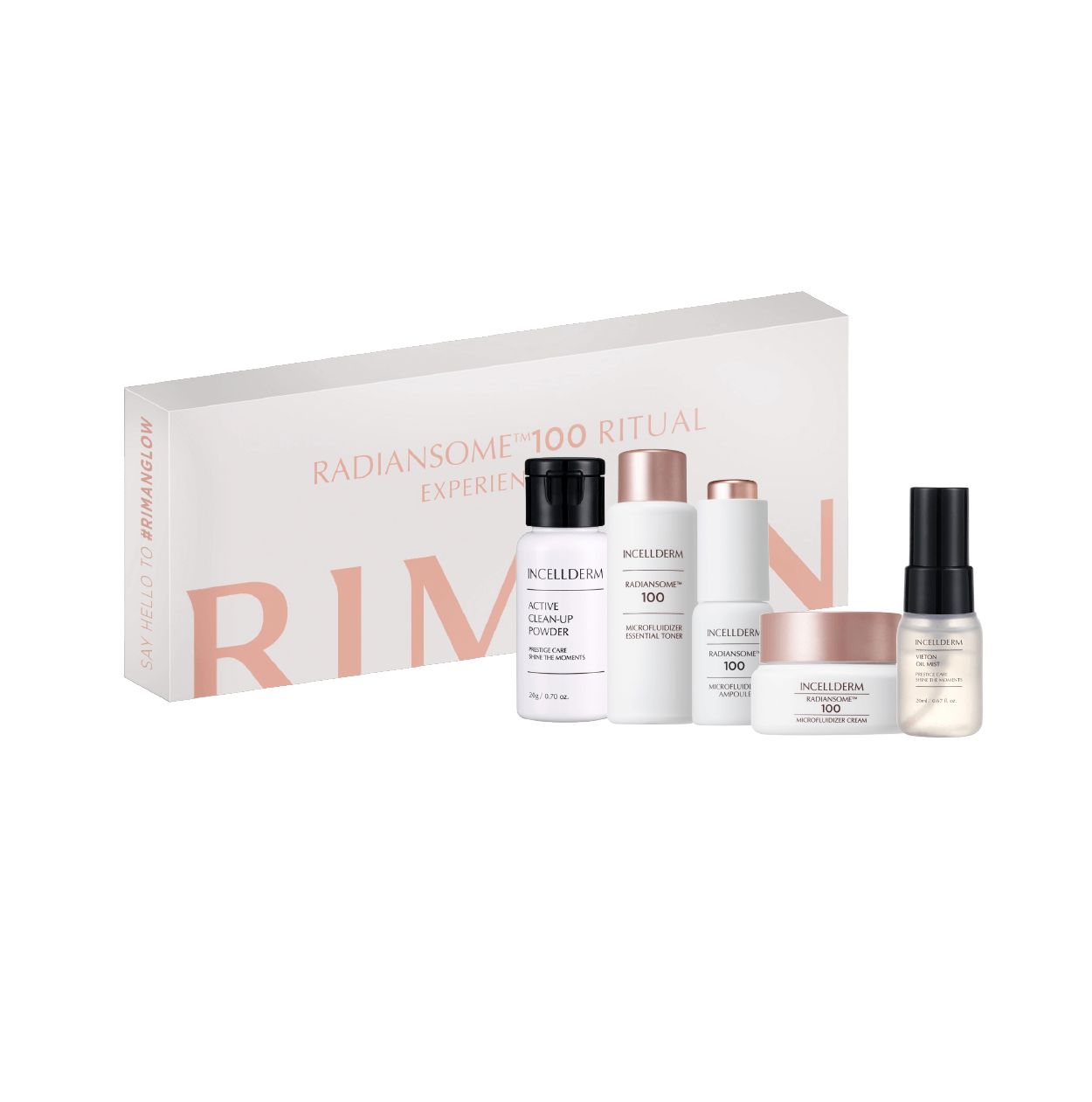 Riman Radiansome 100 Ritual Experience Kit with travel-size skincare products in elegant giftbox.