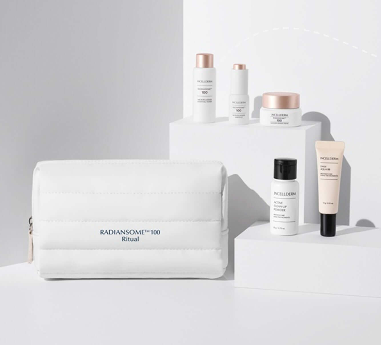 Radiansome 100 Advanced Ritual Travel Kit featuring skincare products in a stylish pouch for convenient travel.