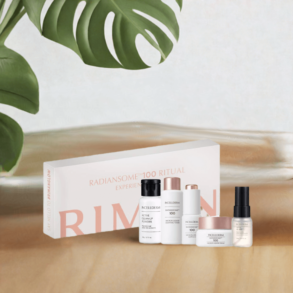 Riman Radiansome 100 Ritual Experience Kit featuring 5 travel-size bestsellers in elegant giftbox with instructions.