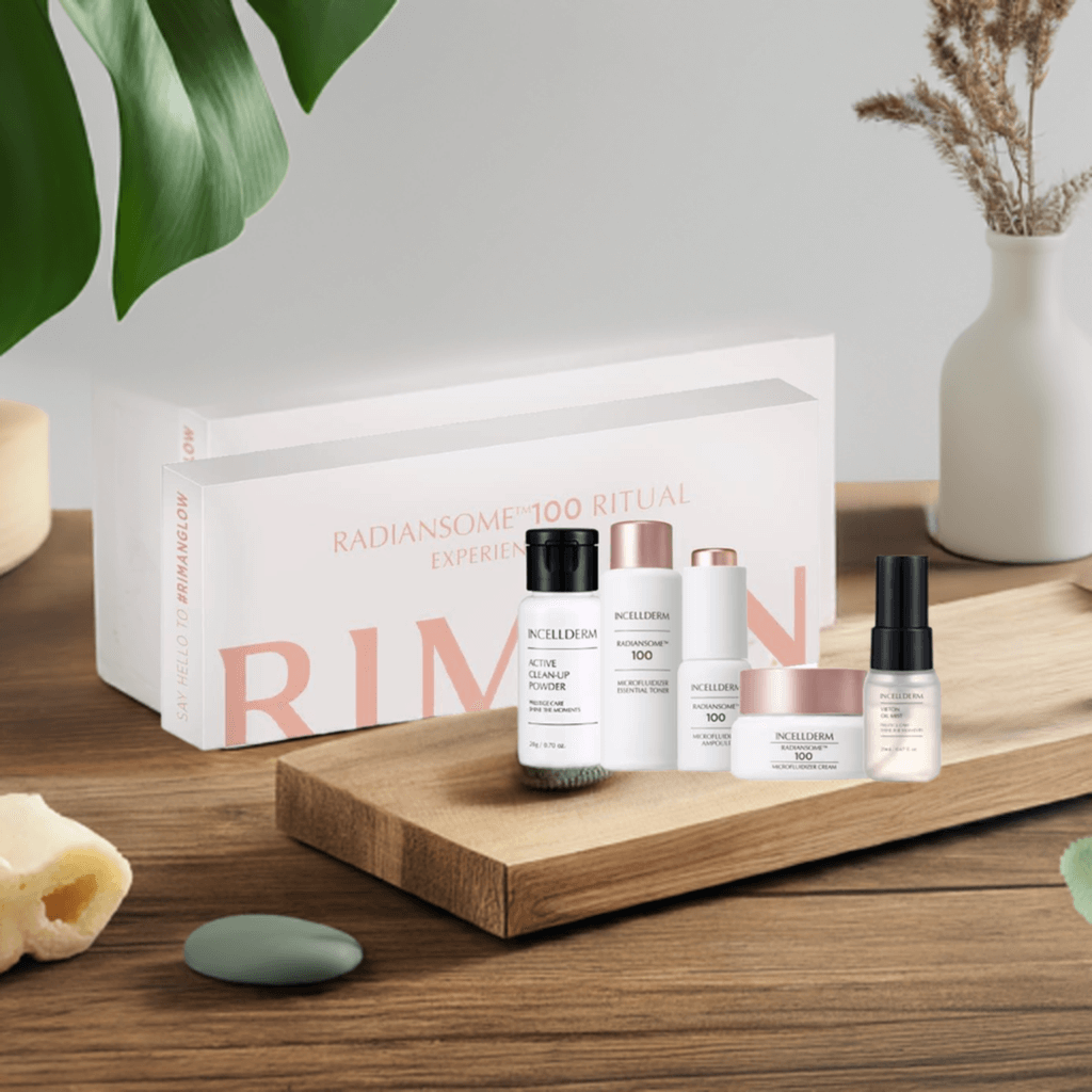 Riman Radiansome 100 Ritual Experience Kit displayed elegantly on a wooden tray with natural decor.
