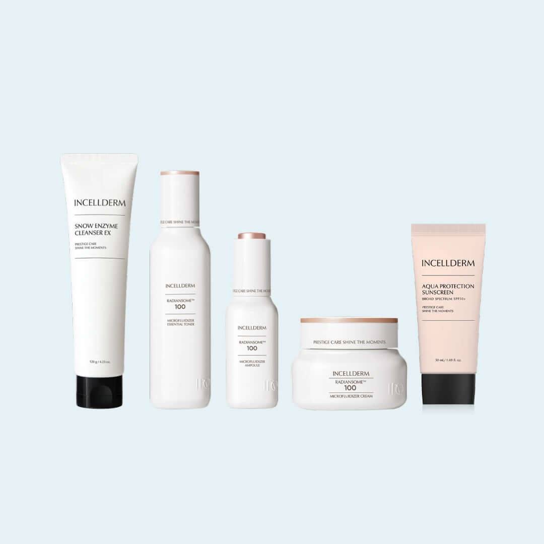 InceldDerm five-piece skincare routine featuring cleanser, toner, moisturizer, and sunscreen for radiant skin.