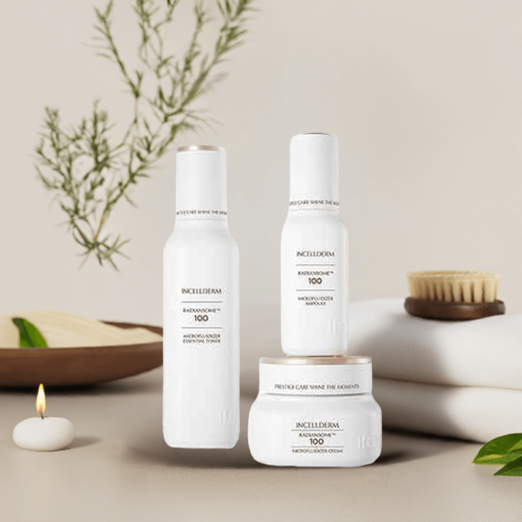 Riman Radiansome Premium Set with three skincare products arranged on a neutral background, featuring natural elements.