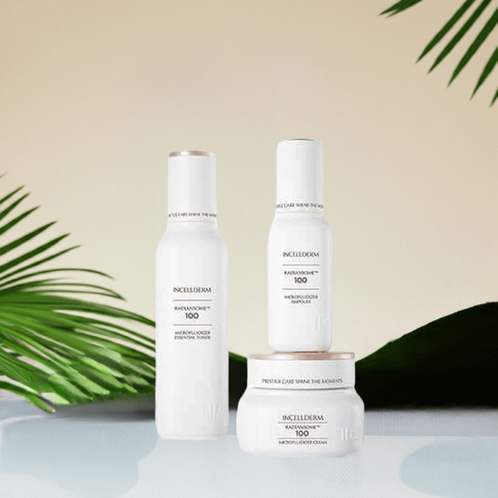 Riman Radiansome Premium Set featuring Essential Toner, Ampoule, and Cream against a tropical backdrop.